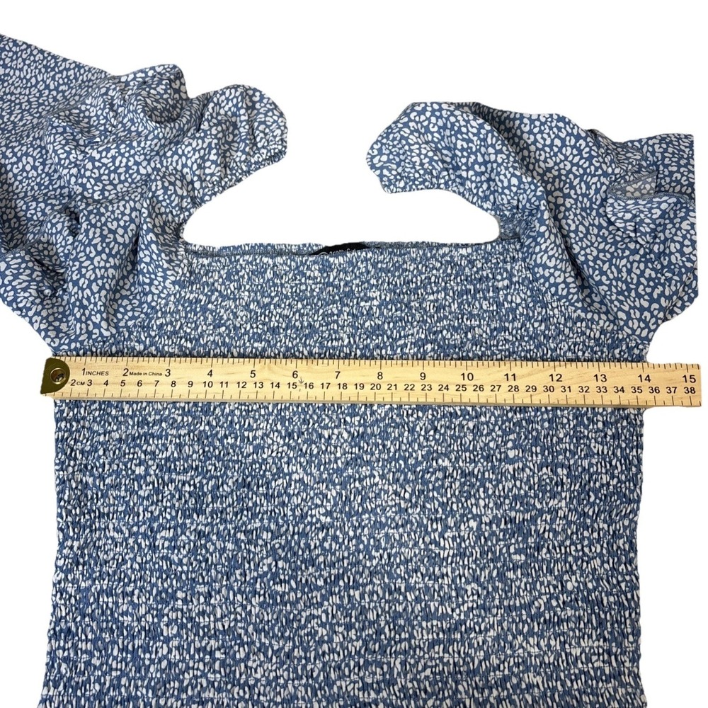 PrettyGarden Blue White Leopard Smocked Midi Dress Puff Sleeve Ruffle Hem Medium - Picture 5 of 7